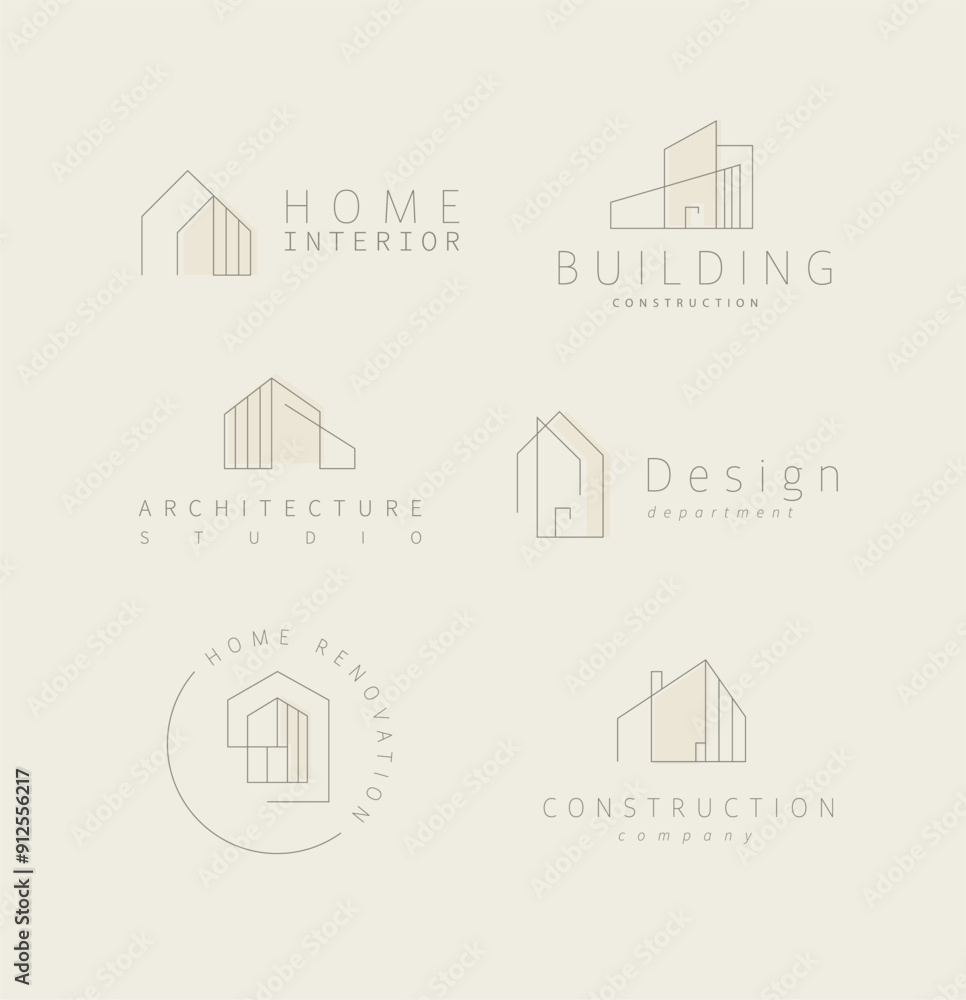 Building and house labels with lettering drawing in modern linear style on beige background