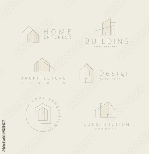 Obraz na płótnie Building and house labels with lettering drawing in modern linear style on beige background w salonie