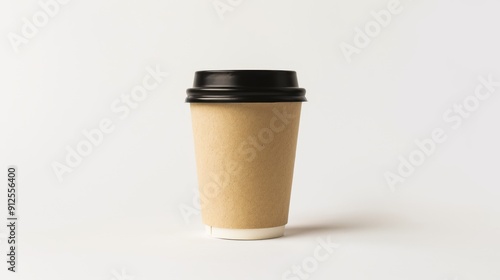 Single Paper Cup with Black Lid on White Background