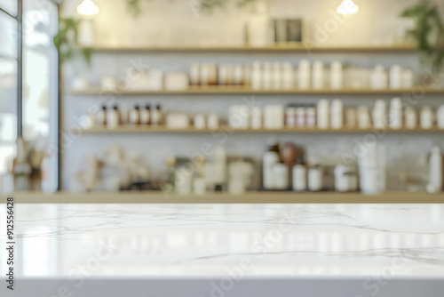 Blurred background of pharmacy counter with product display, white table top for mockup products or design in the foreground, in the style of white table top