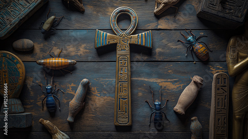 The Ankh surrounded by ancient Egyptian relics like scarabs and statues, representing the enduring legacy of ancient wisdom, upper third copy space. Knowledge, Creation, Heritage photo