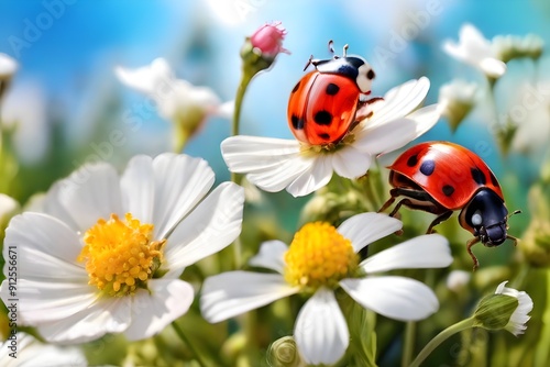 Beautiful summer panoramic background, banner with ladybugs and bugs on white wildflowers. Summer meadow with flowers and insects - macro. Generative AI