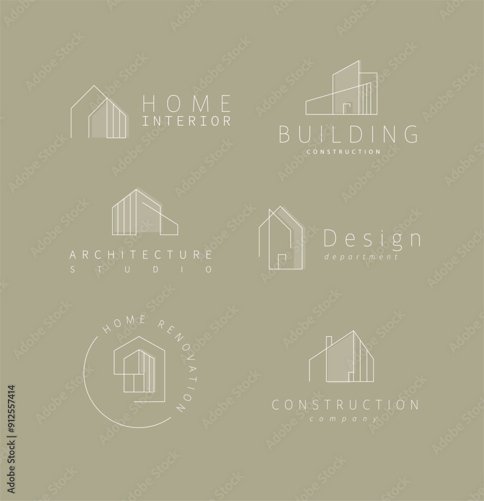 Building and house labels with lettering drawing in modern linear style on khaki background