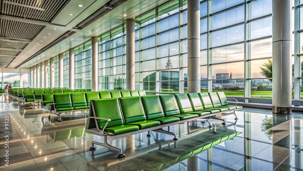 Vacant modern airport waiting area with rows of empty green seats facing large windows, surrounded by sleek metallic columns and a polished floor. Vacant modern airport waiting area with rows of empty green seats facing large windows, surrounded by sleek metallic columns and a polished floor.