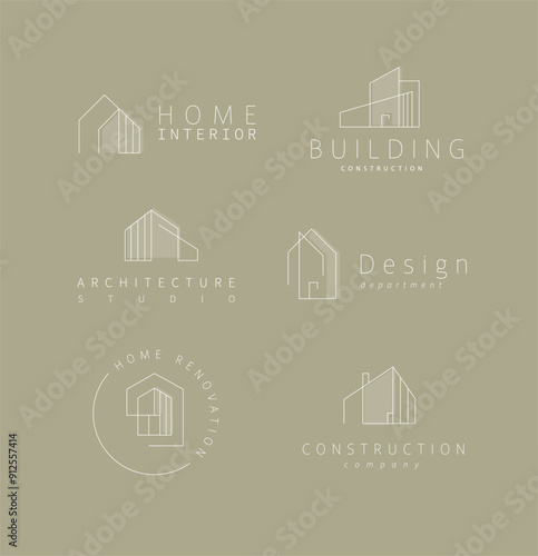 Obraz na płótnie Building and house labels with lettering drawing in modern linear style on khaki background w salonie