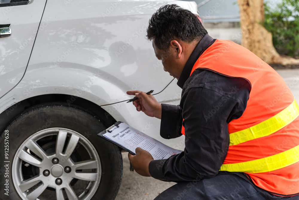 Asian insurance agent man inspecting car damages for insurance claiming Asian insurance agent man inspecting car damages for insurance claiming