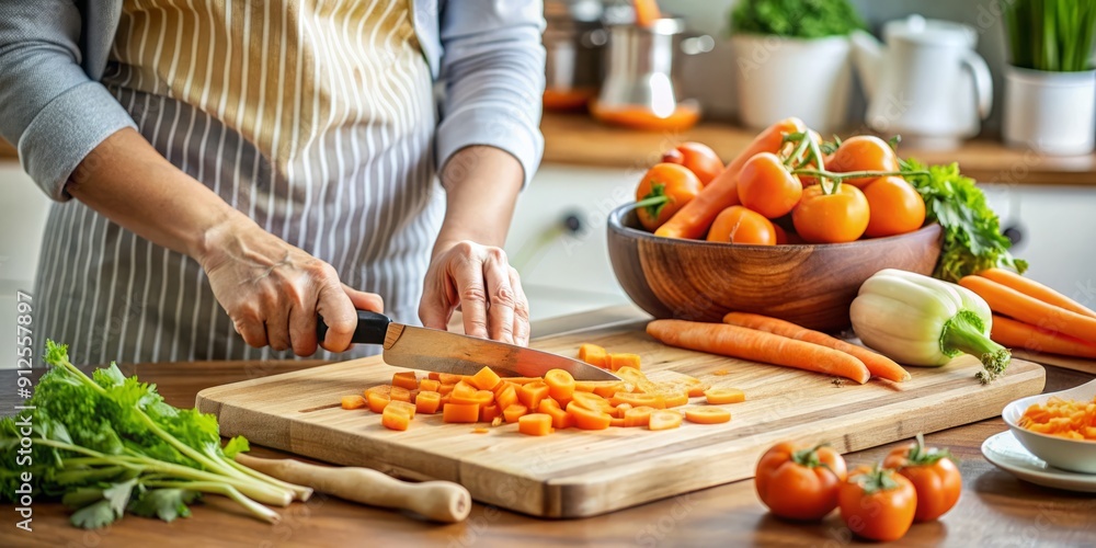 Fresh carrots being precisely chopped on a clean kitchen counter, highlighting the importance of healthy eating and nutritious meal preparation for overall well-being. Fresh carrots being precisely chopped on a clean kitchen counter, highlighting the importance of healthy eating and nutritious meal preparation for overall well-being.