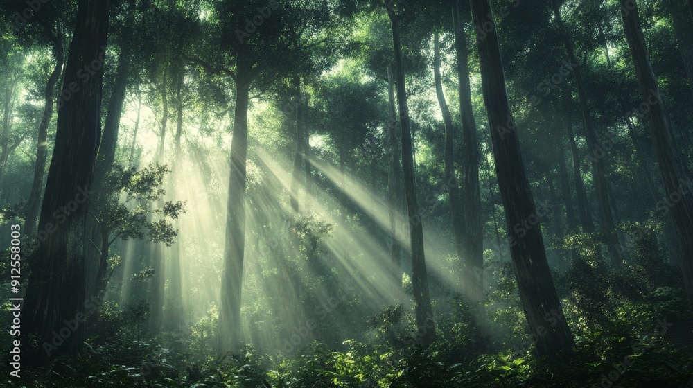 A forest with sunlight shining through the trees