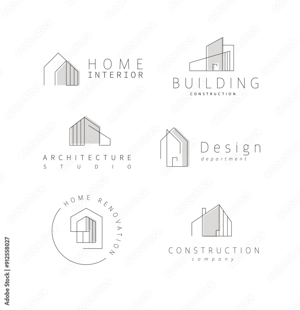 Building and house labels with lettering drawing in modern linear style on white background