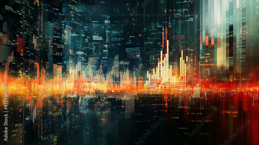 Naklejka premium Vibrant cityscape with a digital overlay of financial data, highlighting economic trends and urban development