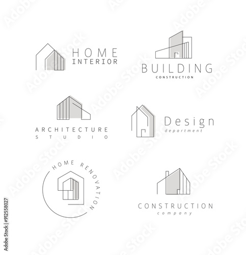 Obraz na płótnie Building and house labels with lettering drawing in modern linear style on white background w salonie