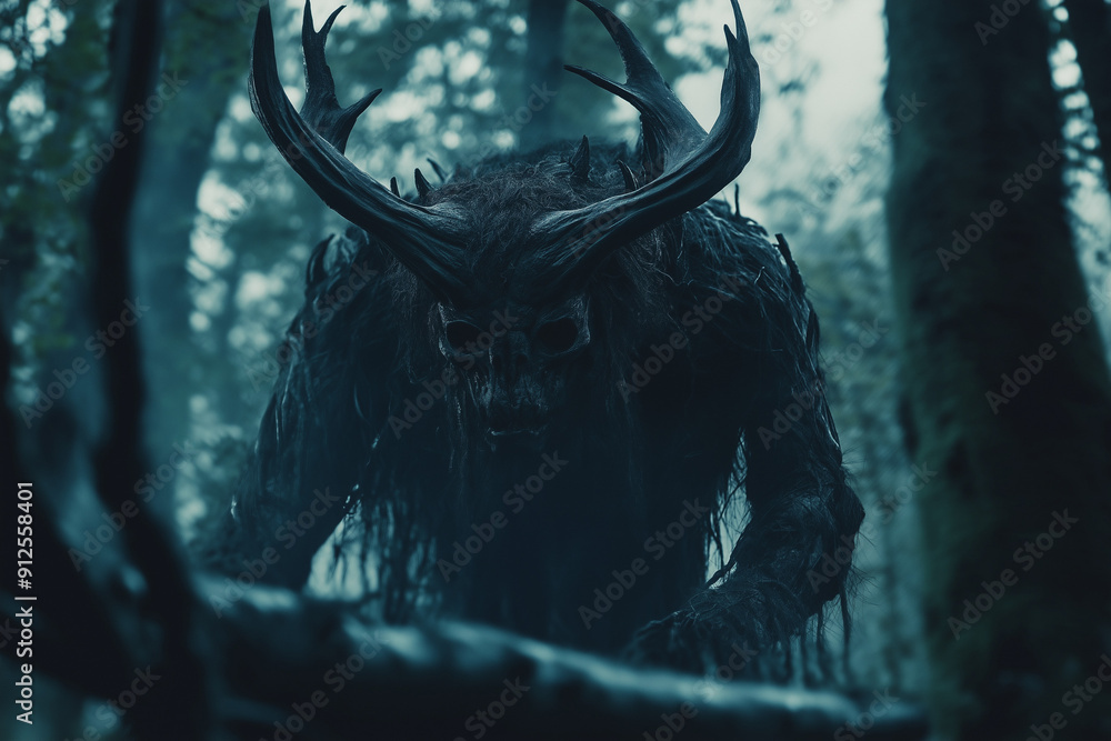 Obraz premium Terrifying Wendigo Creature in a Dark Forest Setting