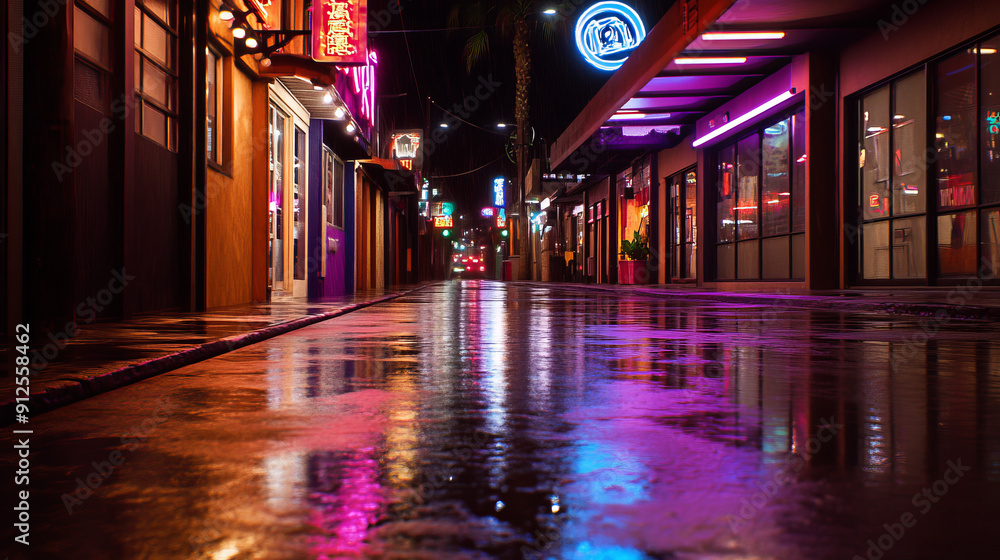A deserted intersection among skyscrapers, neon signs illuminate the scene. Bright pulsating lights, reflections of multicolored billboards in puddles create a futuristic look. A deserted intersection among skyscrapers, neon signs illuminate the scene. Bright pulsating lights, reflections of multicolored billboards in puddles create a futuristic look.