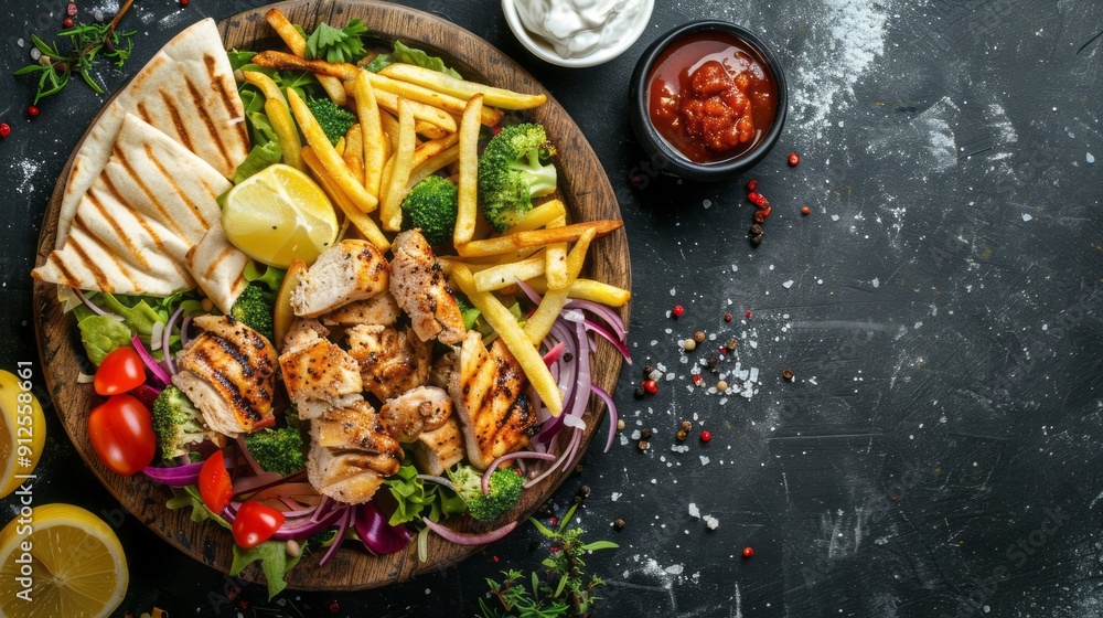 finely chopped grilled chicken, pita bread, French fries, vegetable salad and garlic sauce. minimalistic and very realistic finely chopped grilled chicken, pita bread, French fries, vegetable salad and garlic sauce. minimalistic and very realistic