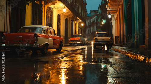 A deserted night alley in Havana. Colonial buildings and retro cars, the warm light of antique lanterns. Reflections of classic cars and antique facades in rainwater create an atmosphere of nostalgia.