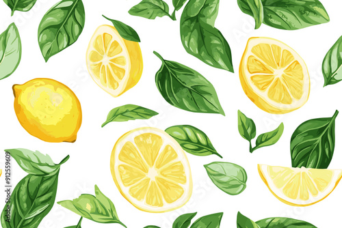 Watercolor vector illustrations of lemons and basil leaves. ripe lemon with green leaves on a white background for your design