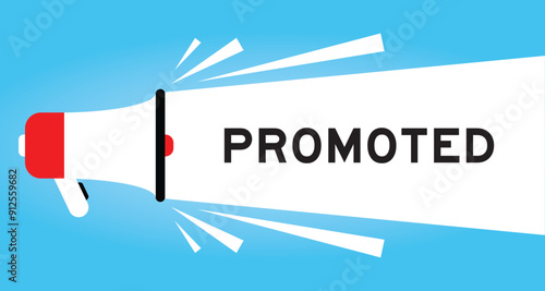 Color megaphone icon with word promoted in white banner on blue background