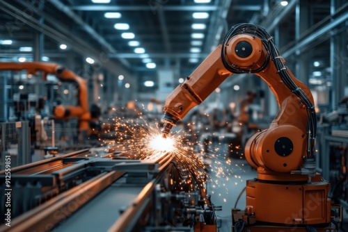 A robotic arm performs welding tasks efficiently in a modern industrial setting, showcasing the precision and advancement of manufacturing technology at its peak.