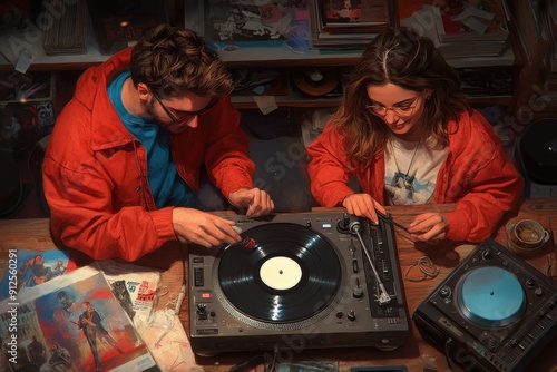 Two DJs, focused and mixing vinyl records on a turntable, wearing red jackets, surrounded by album covers, in a vibrant and creative indoor setting. photo