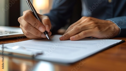 person is sitting at a table writing with a pen on a piece of paper contract