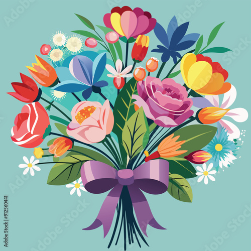 Silhouette spring flower bouquet tied with ribbon colorFull | Trendy line art drawing of a romantic rose flower for logos and invitations