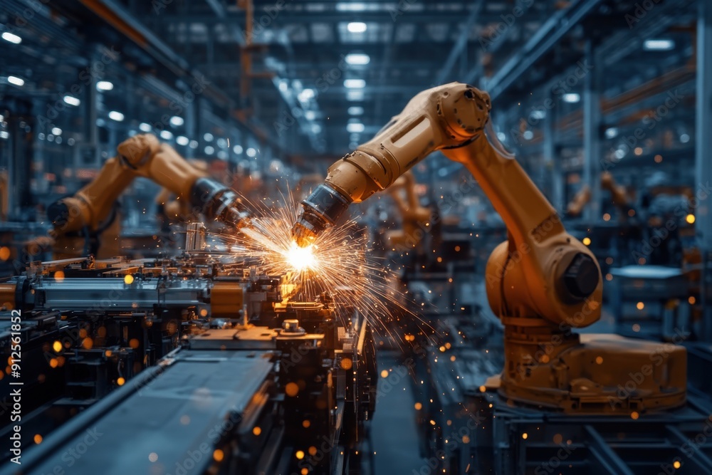 In a high-tech manufacturing plant, industrial robots are welding components with precision, showcasing the integration of automation and advanced technology in production. In a high-tech manufacturing plant, industrial robots are welding components with precision, showcasing the integration of automation and advanced technology in production.