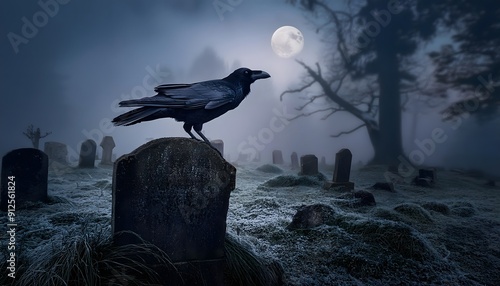 ominous black crow perched on gravestone, eerie cemetery scene perfect for halloween, horror themes, and gothic visuals, ideal for creating a dark and mysterious atmosphere photo