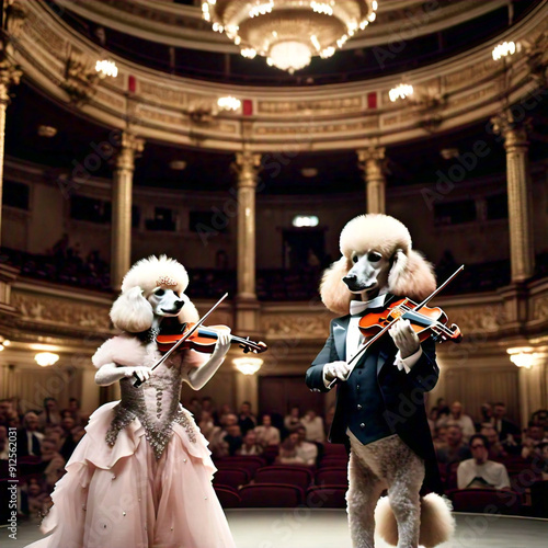 two poodles wearing a tuxedo and a dress, standing in an elegant opera house with a huge audience, playing the violin