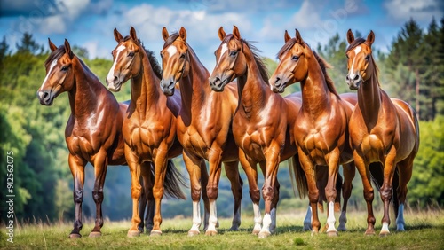 Majestic quarter horses with chiseled muscles, gleaming coats, and regal poise, aligned in precision, exuding strength, agility, and elegance, epitomizing Western equestrian excellence.