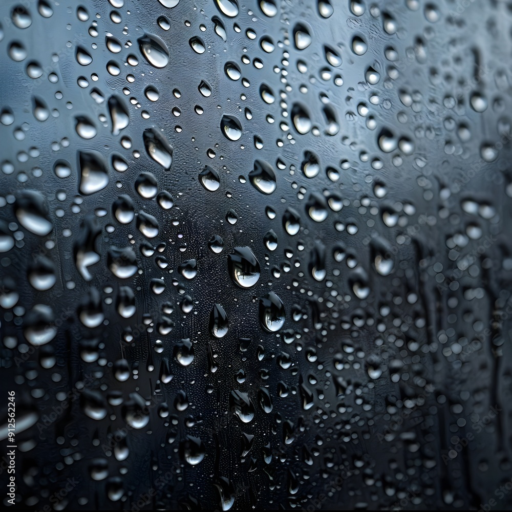 Water droplets on a glass surface with a blurred background, creating a serene and reflective scene. Water droplets on a glass surface with a blurred background, creating a serene and reflective scene.