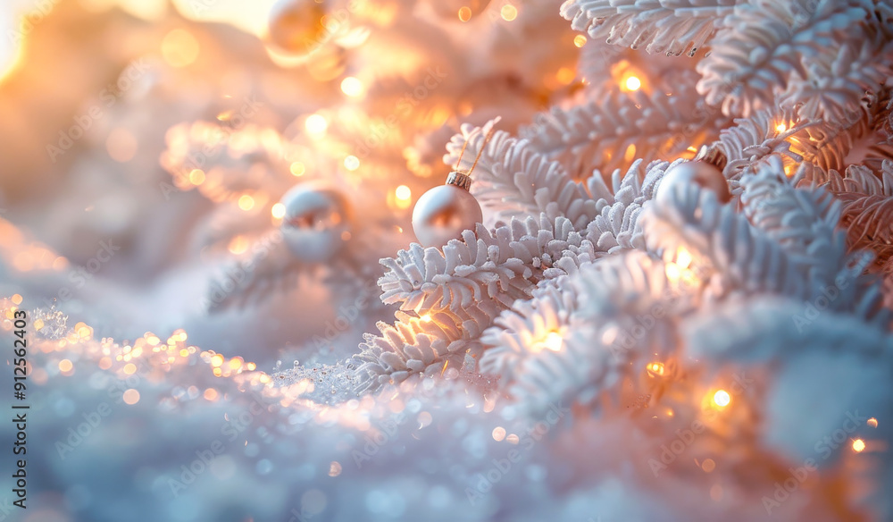 A tree covered in white snow and decorated with Christmas ornaments. The tree is lit up with lights, creating a warm and festive atmosphere A tree covered in white snow and decorated with Christmas ornaments. The tree is lit up with lights, creating a warm and festive atmosphere
