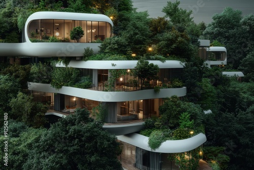 Stunning rendering of a modern architectural structure seamlessly integrated with lush green foliage, depicting a harmonious blend of urban living and nature conservation. photo