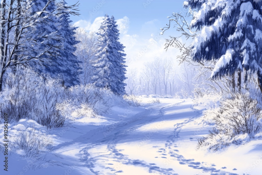 Obraz premium Serene Winter Wonderland: A High-Detail Hand-Drawn Snowy Landscape in Anime Style, Celebrating the Season's Charm with Precision and Cozy Warmth,Abstract concepts, game concept art