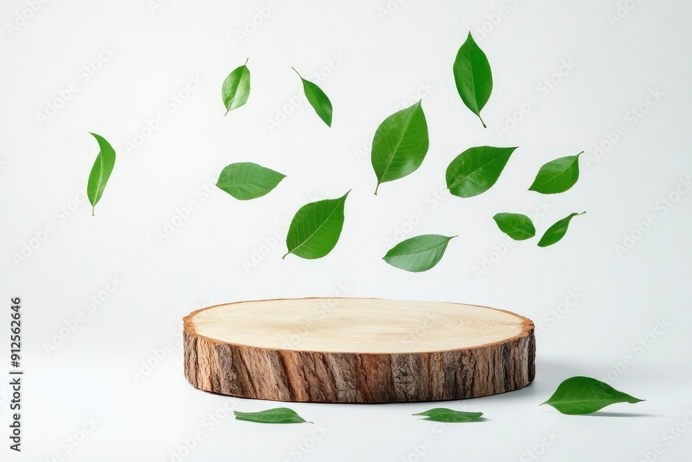 Wood slice podium and green flying leaves on white background. Concept scene stage showcase for new product, promotion sale, banner, presentation, cosmetic. Wooden stand studio empty, ai Wood slice podium and green flying leaves on white background. Concept scene stage showcase for new product, promotion sale, banner, presentation, cosmetic. Wooden stand studio empty, ai