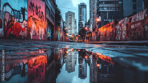 Modern buildings with graffiti, bright lanterns illuminate the street. The shadows of skyscrapers and reflections of multicolored lights in puddles give the scene an energetic look.

