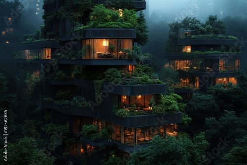 Impressive high-rise building adorned with abundant plant life, demonstrating eco-centric architectural design and a seamless blend of urban life with natural surroundings at dusk. photo