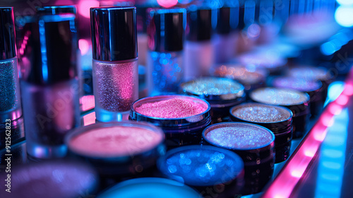 Cosmetics for makeup. Cosmetics on the shop window with a variety of colors and shades, mascara, powder, paint for beauty and makeup. Consumerism, retail and purchase photo