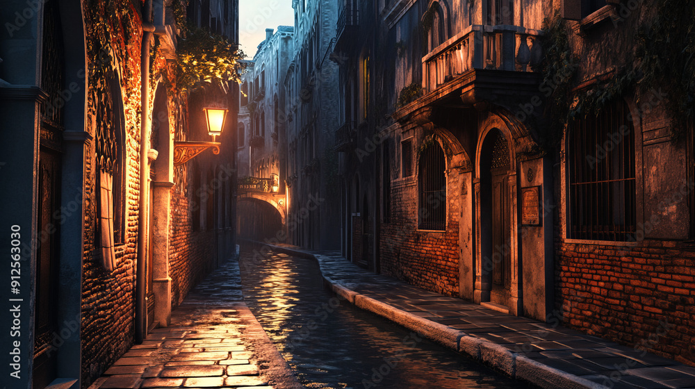 Fototapeta premium A deserted alley with narrow canals and ancient bridges. Lanterns and reflections of gondolas in the water add romance and mystery to the scene.