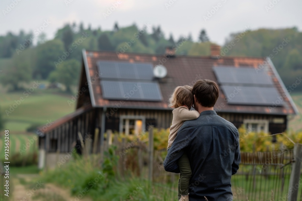 Back view of a father holding daughter looking at their house with solar panels Back view of a father holding daughter looking at their house with solar panels