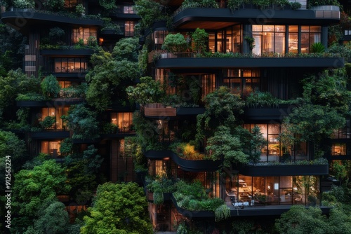 A modern residential building covered in lush green plants, seamlessly integrating architecture with nature, shot during the evening with warm lights glowing from windows.