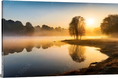 Sunrise over lake early morning mist nature landscape photography Generative AI