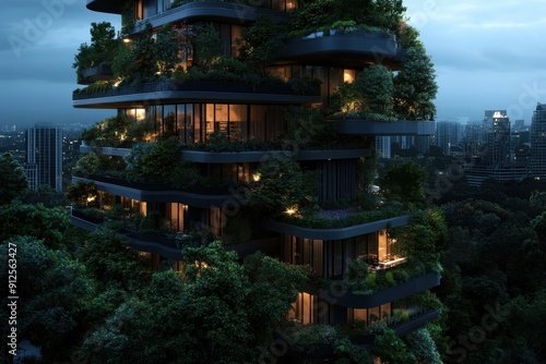 A towering vertical forest seamlessly blended into the urban landscape, integrating trees and plants with modern architecture. This evening shot captures city life merging with nature.