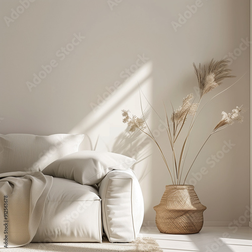 beige grey sofa on a beige background wall with a decor. minimalist interior design with furniture