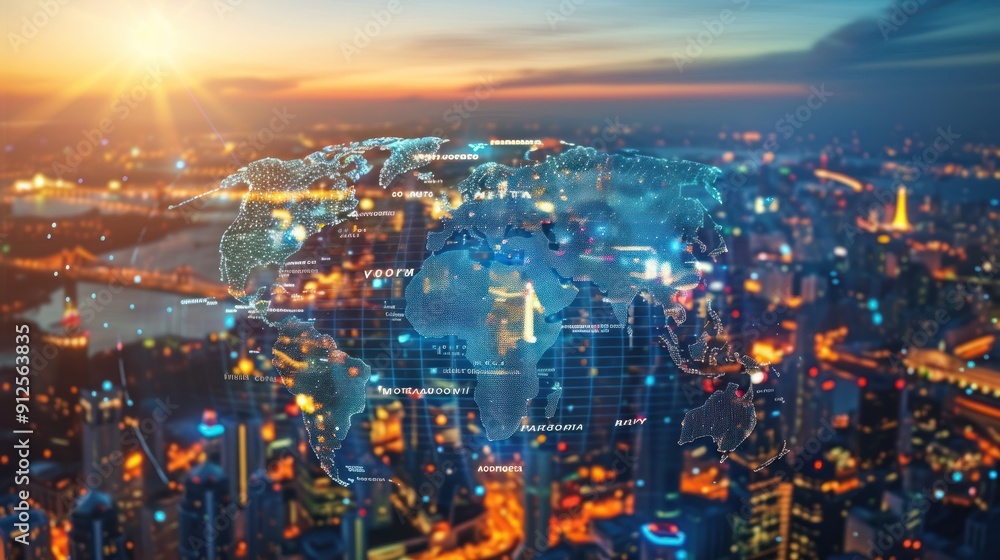 Digital World Map with City Lights in the Background Digital World Map with City Lights in the Background