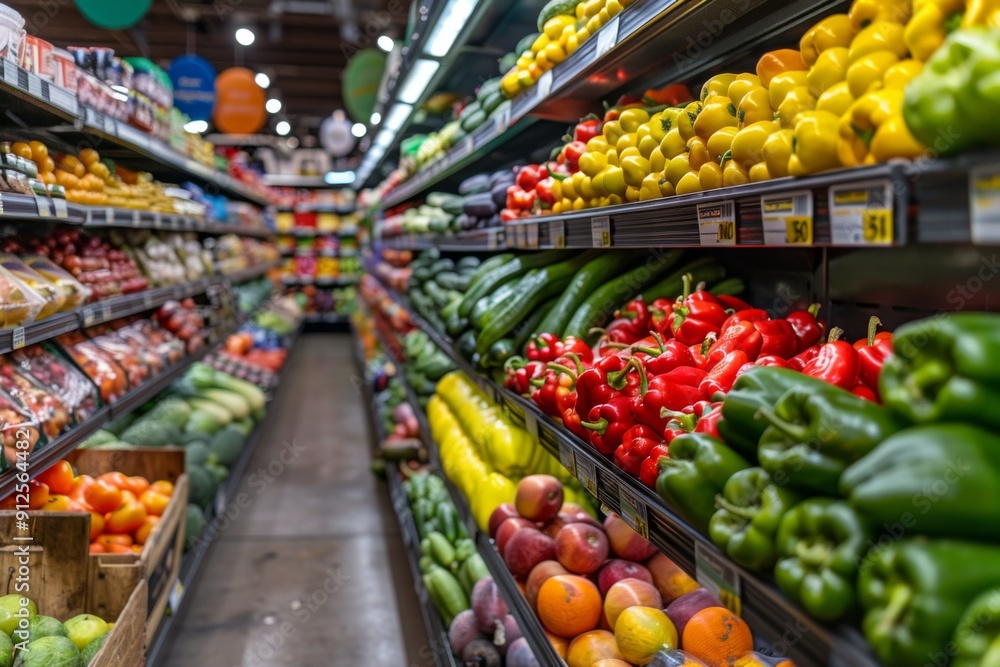 Fototapeta premium Vibrant grocery store aisle with an array of fresh produce and wholesome foods