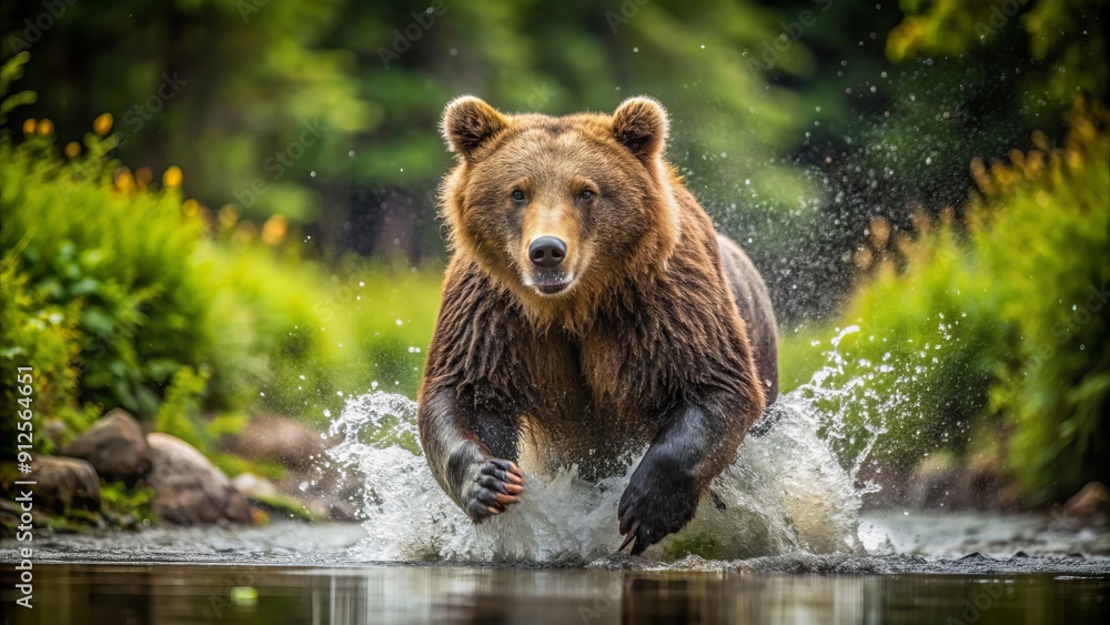 A powerful brown bear runs freely, splashing through muddy terrain, surrounded by lush greenery and a vibrant wild nature background in a serene forest setting. A powerful brown bear runs freely, splashing through muddy terrain, surrounded by lush greenery and a vibrant wild nature background in a serene forest setting.