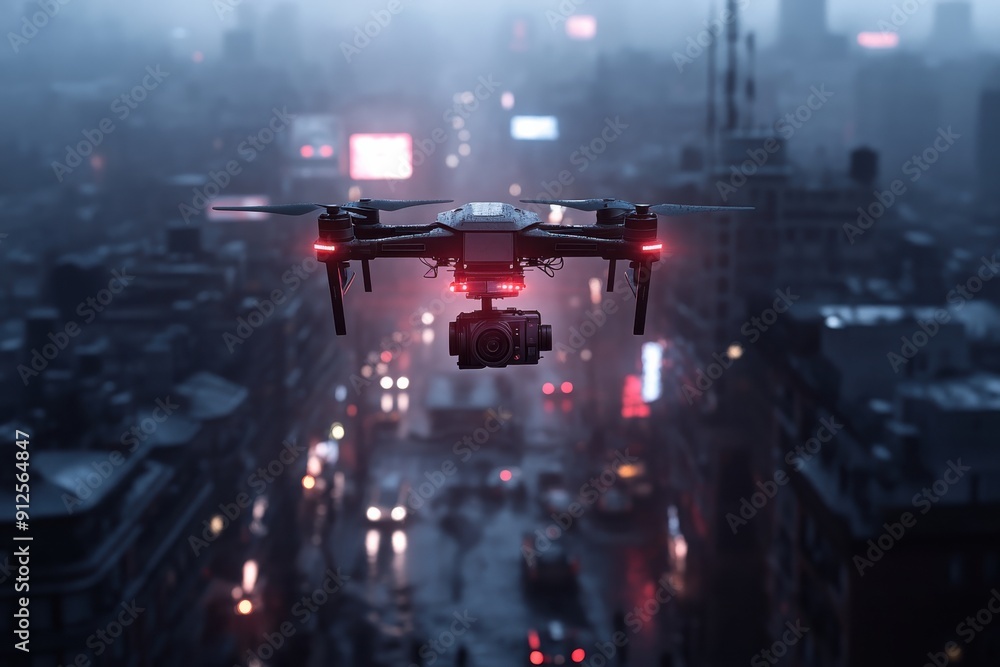 High-tech drone hovers above a densely populated cityscape, with bright city lights piercing through the foggy and rainy evening, signifying advanced technology and surveillance. High-tech drone hovers above a densely populated cityscape, with bright city lights piercing through the foggy and rainy evening, signifying advanced technology and surveillance.