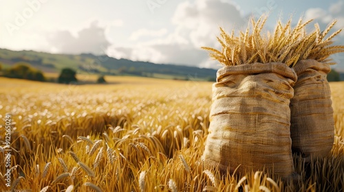 Some sacks filled with wheat on a wheat field, beginning of autumn, Field, good harvest photo