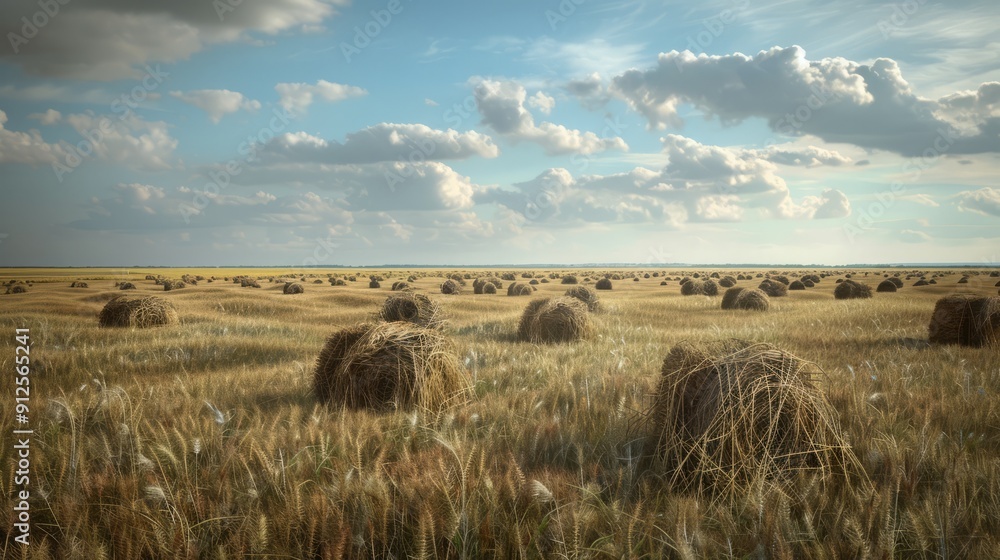 Vast endless field of haystacks field, beginning of autumn, Field, good harvest, ears of wheat Vast endless field of haystacks field, beginning of autumn, Field, good harvest, ears of wheat