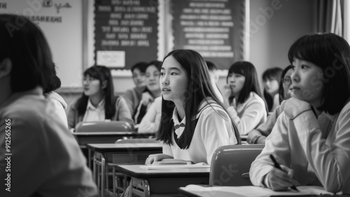 A group of students sitting at desks in a classroom, AI